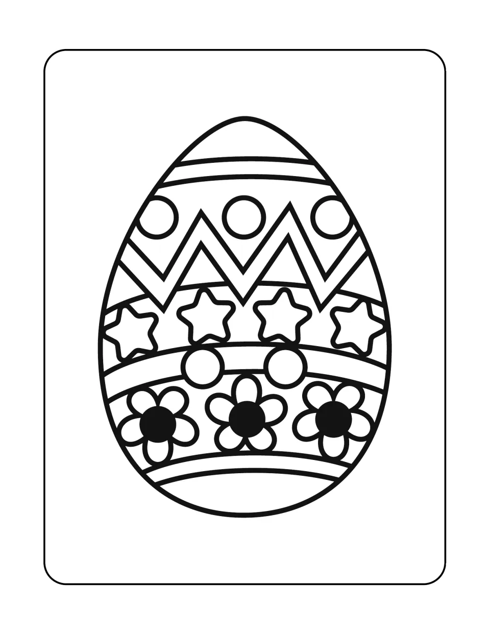Easter egg coloring sheet featuring one large egg decorated with circles, zigzags, stars, and three flowers