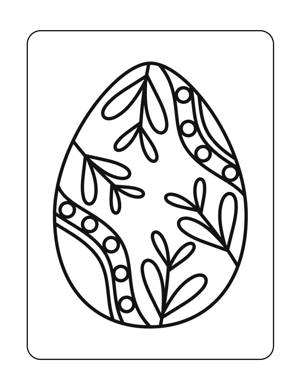 Easter egg coloring sheet featuring one large egg decorated with leafy sprigs and curved bands of circles