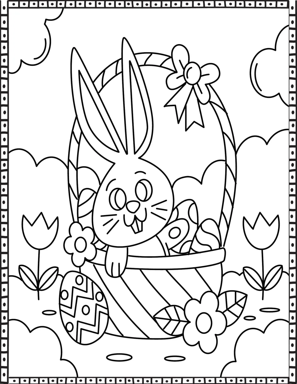 Easter coloring sheet featuring a bunny peeking out of a basket filled with decorated eggs and flowers