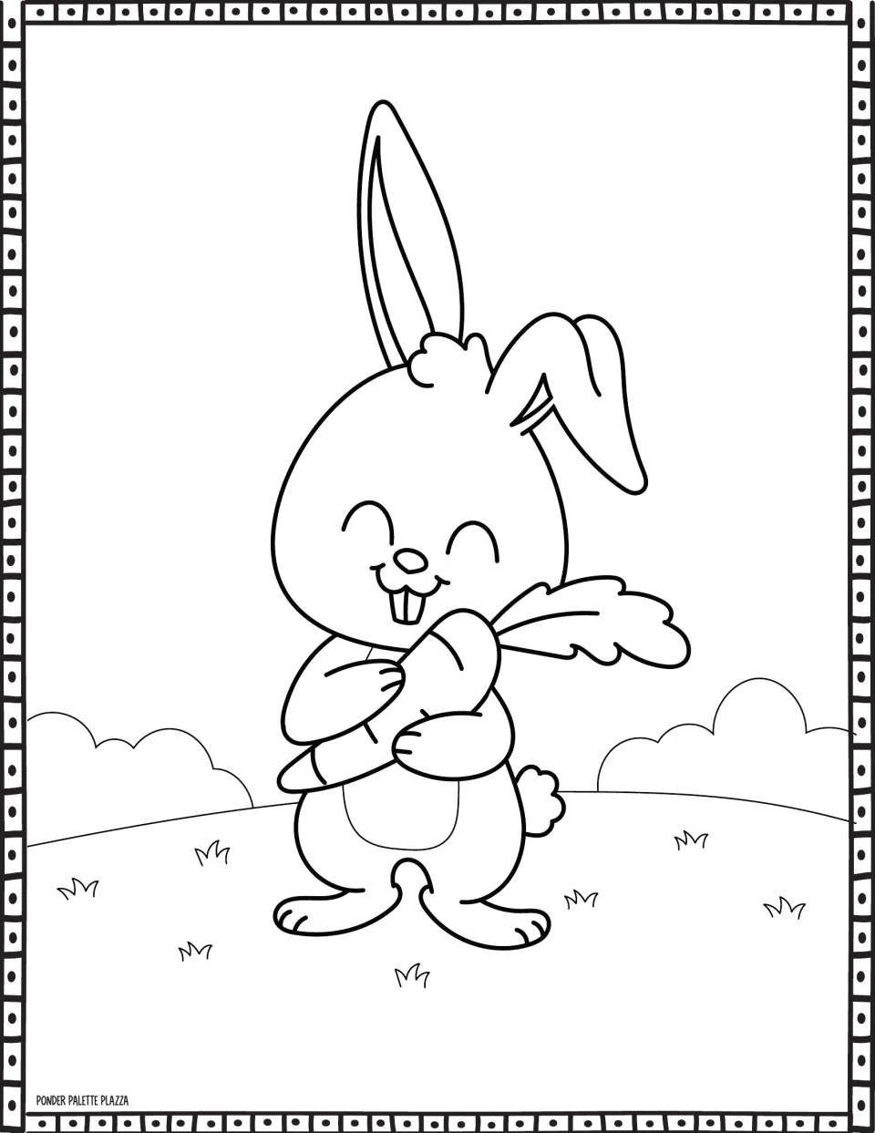 Easter coloring sheet featuring a standing bunny holding a large carrot, with one ear bent downward