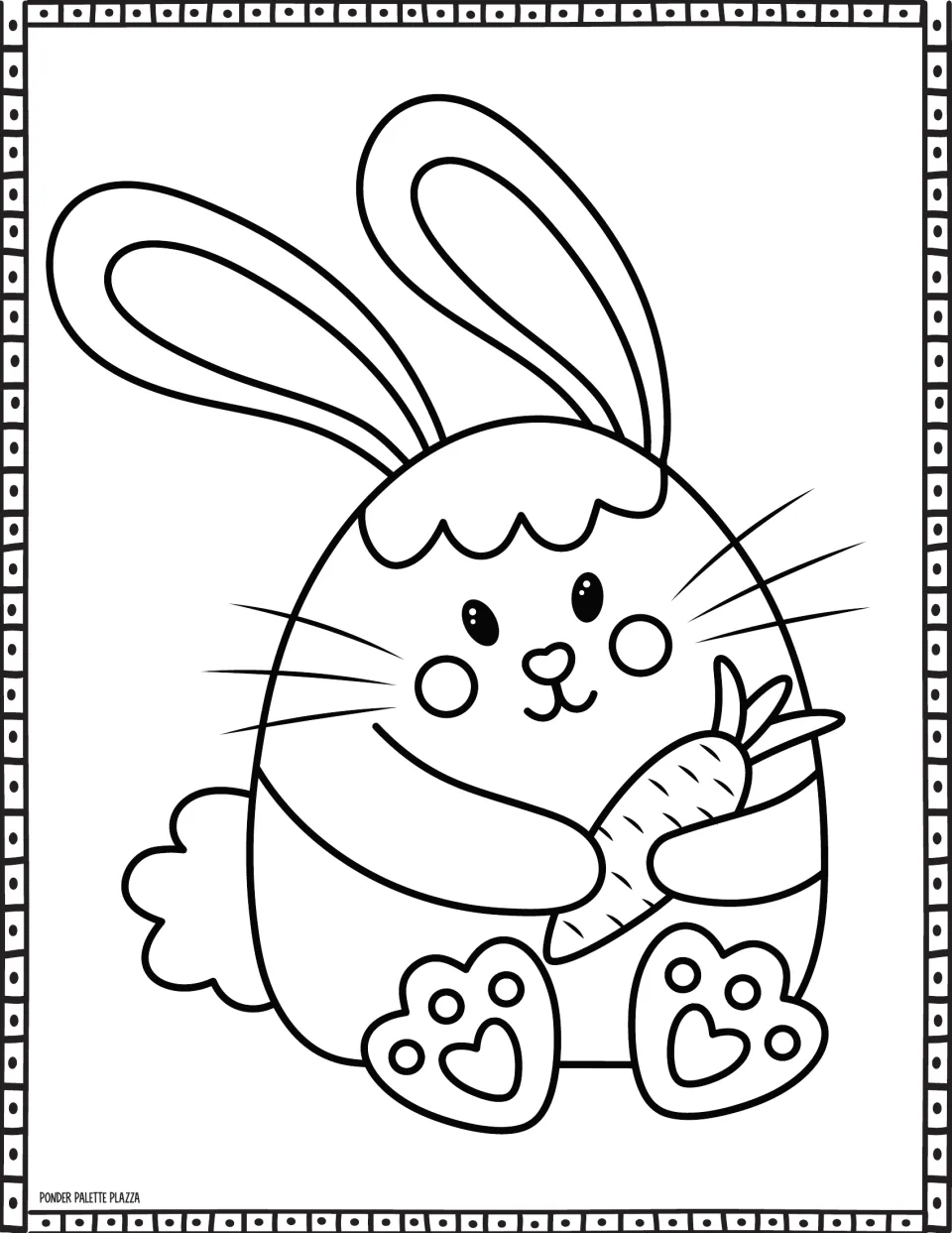 Easter coloring sheet featuring a seated bunny holding a carrot, with heart shapes on its foot pads