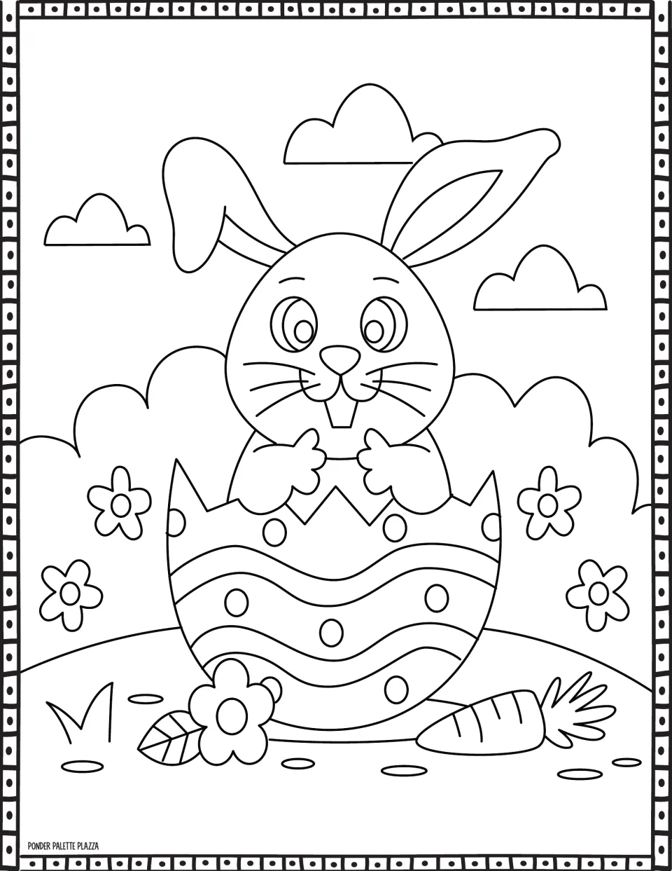 Easter coloring sheet featuring a bunny emerging from a patterned eggshell, beside flowers and a carrot