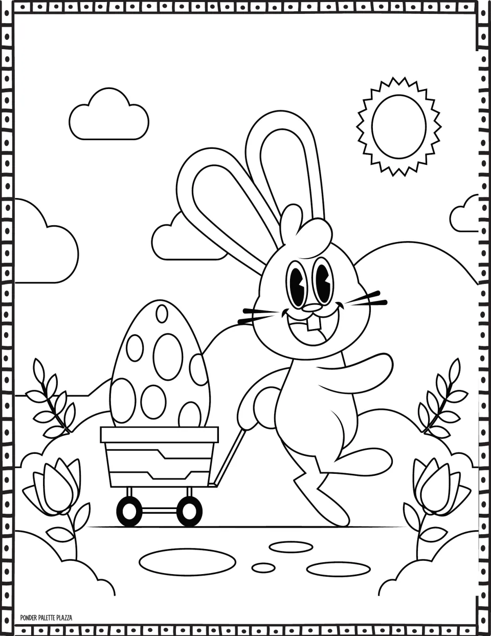 Easter coloring sheet featuring a bunny pulling a wagon carrying a large spotted egg beneath the sun