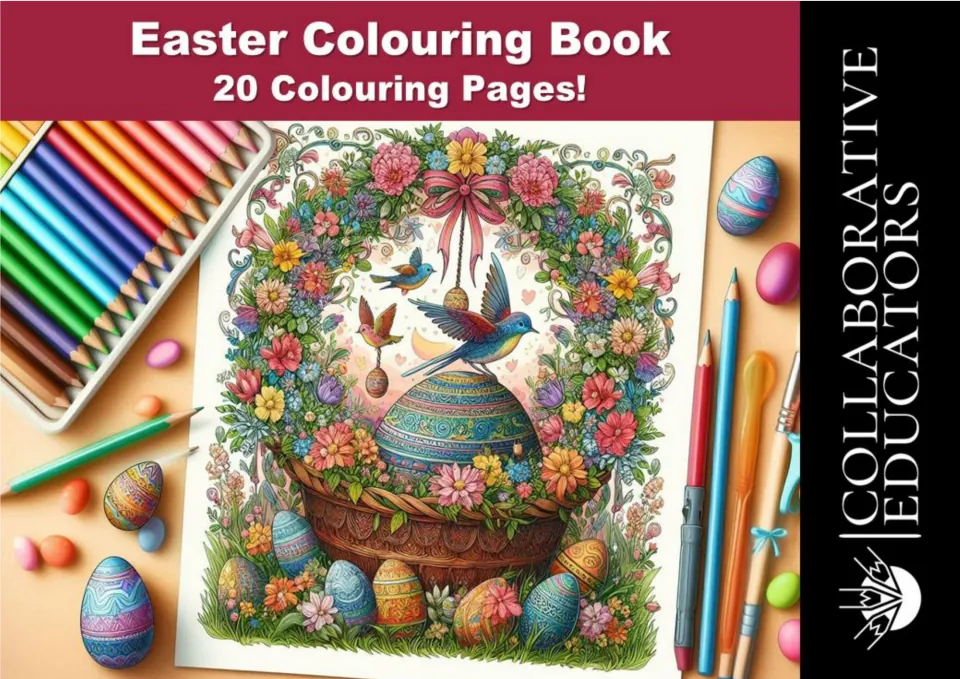 Easter Colouring Book cover for 20 colouring pages, showing a coloured-in egg basket, flowers and birds beside pencils