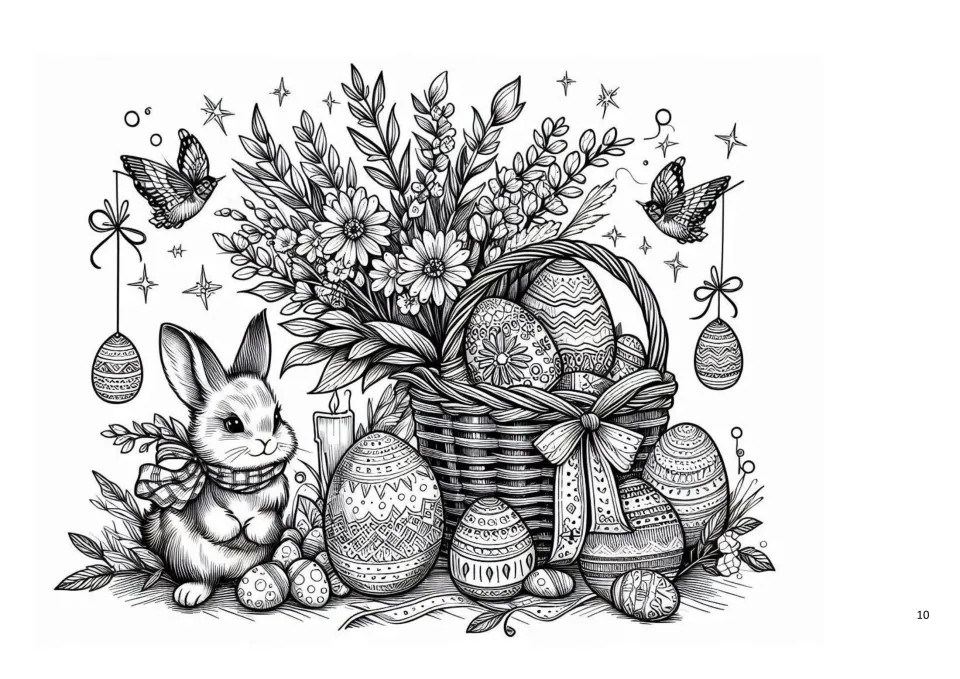 Bunny in a checked bow beside a basket of patterned eggs and flowers, with two birds and hanging eggs, to colour