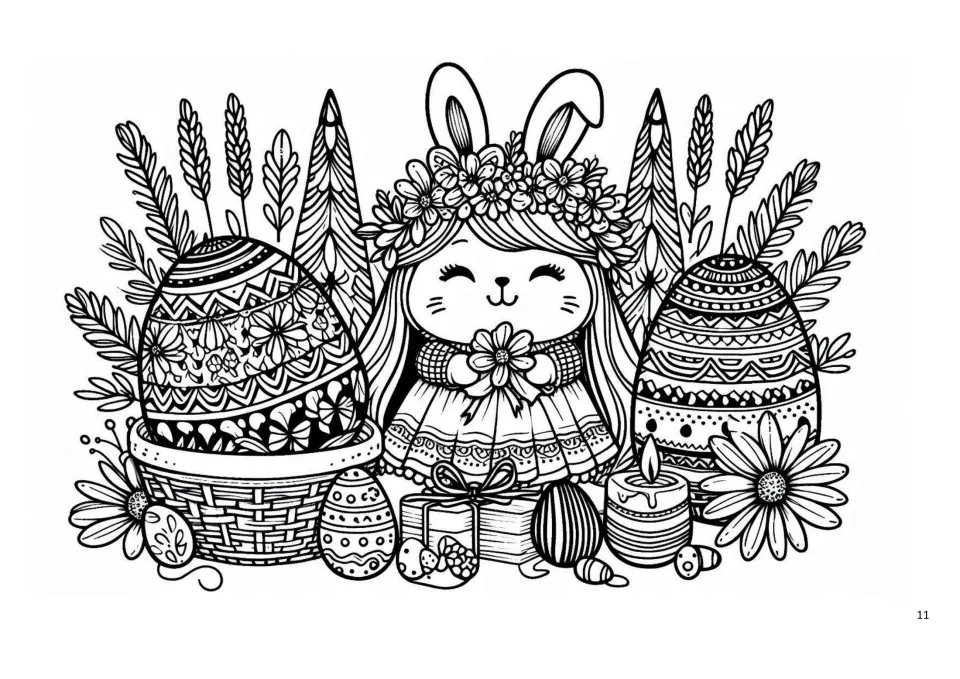 Smiling bunny girl in a flower crown holds a flower between two patterned eggs, with a basket, gift and candle to colour
