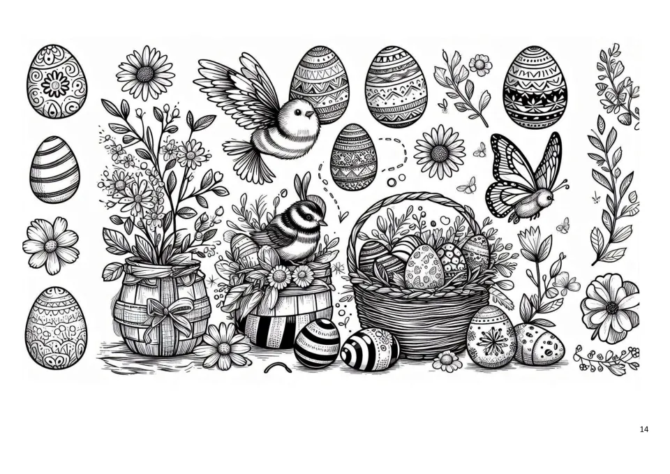 Easter collection to colour: striped and patterned eggs, a flying bird, a butterfly, a flower pot, egg basket and daisies