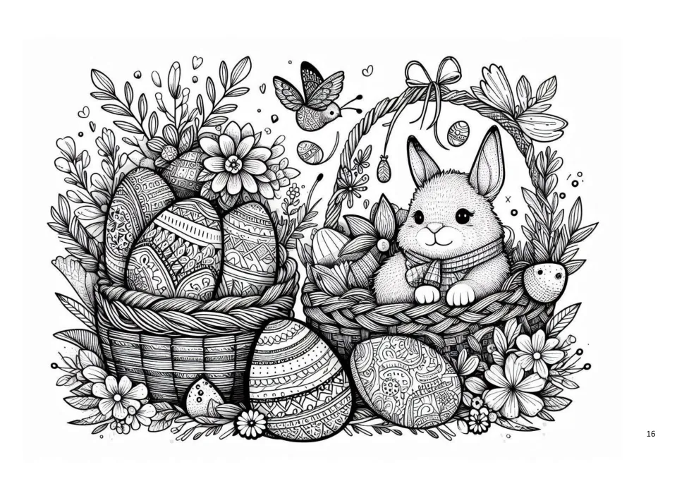 Two baskets to colour: one filled with patterned eggs, the other holding a fluffy bunny in a scarf, with a butterfly