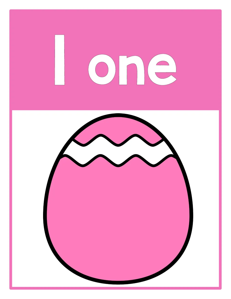 Counting poster 1 of 10: numeral 1, the word 'one,' and one Easter egg representing the quantity one.
