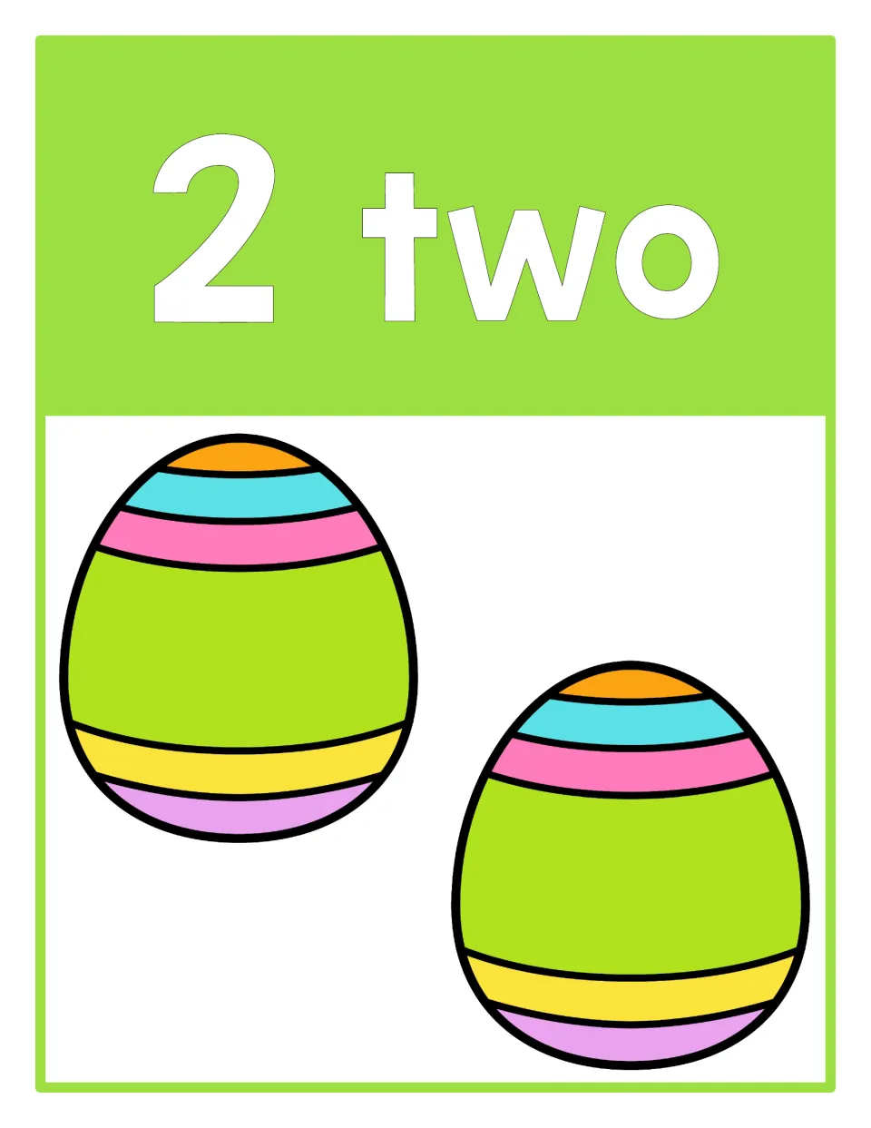 Counting poster 2 of 10: numeral 2, the word 'two,' and two Easter eggs representing the quantity two.
