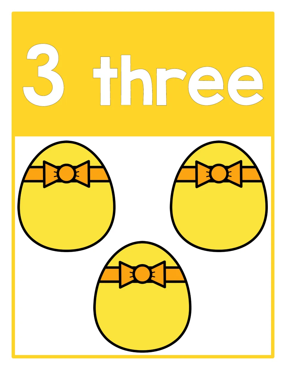 Counting poster 3 of 10: numeral 3, the word 'three,' and three Easter eggs representing the quantity three.