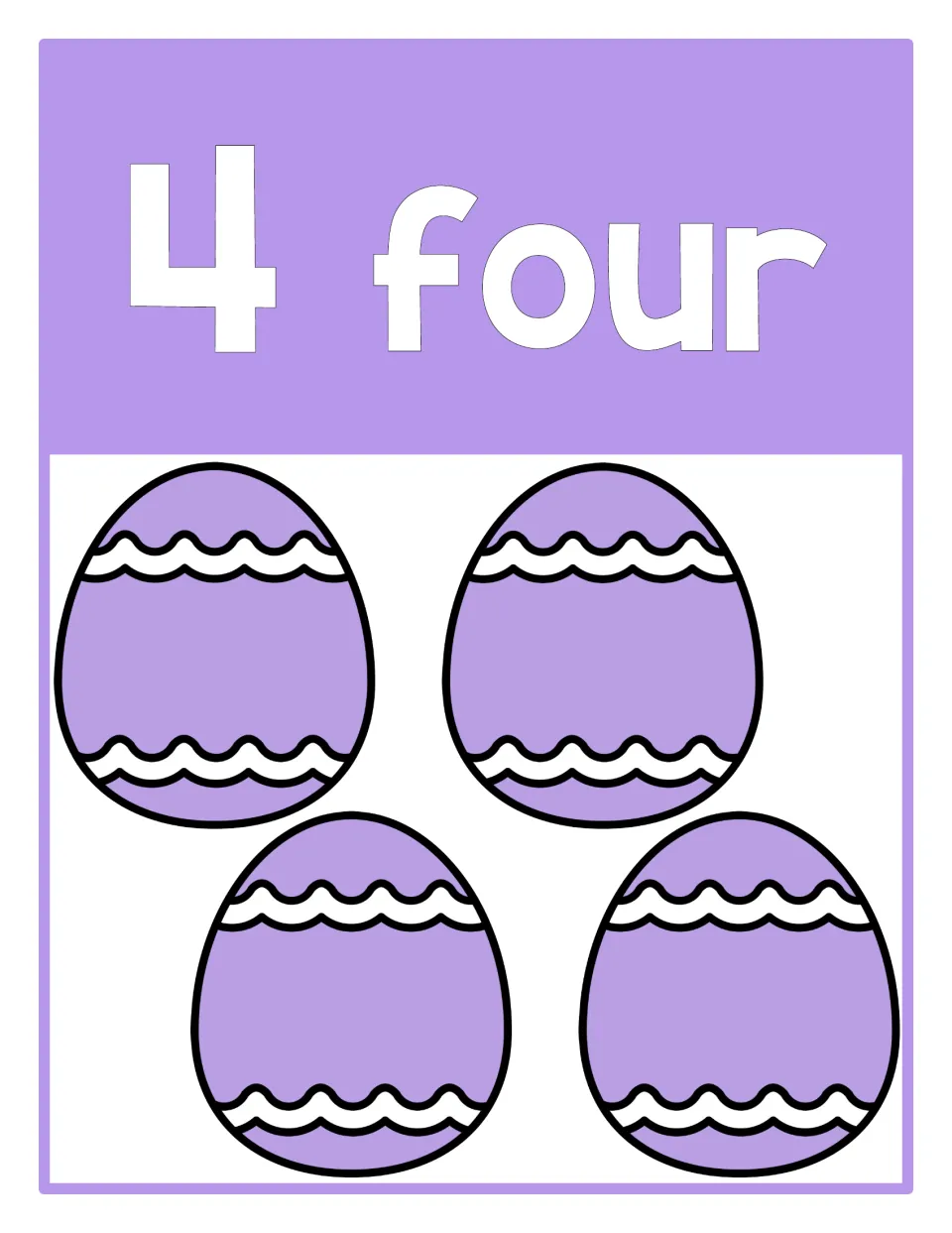 Counting poster 4 of 10: numeral 4, the word 'four,' and four Easter eggs representing the quantity four.