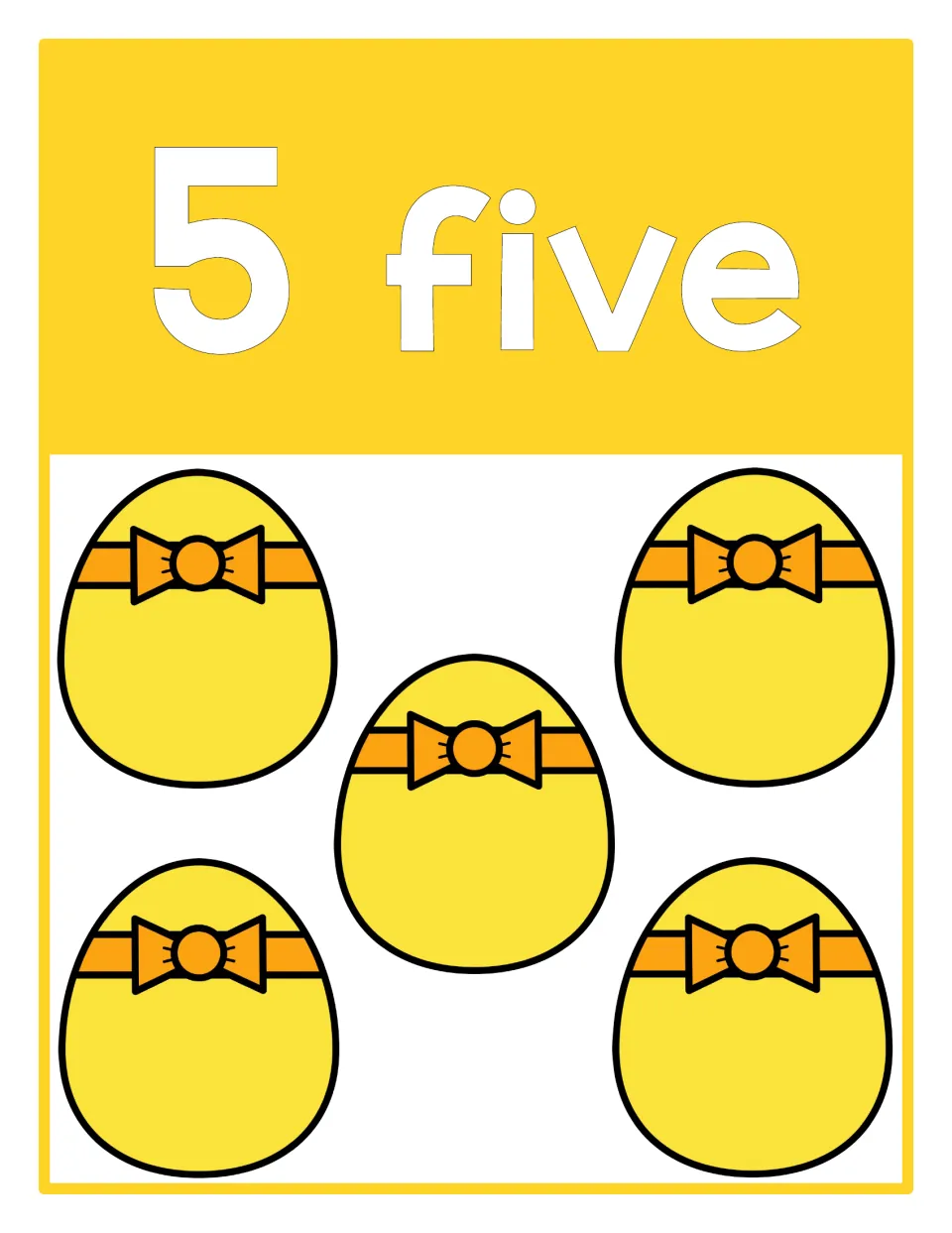 Counting poster 5 of 10: numeral 5, the word 'five,' and five Easter eggs representing the quantity five.