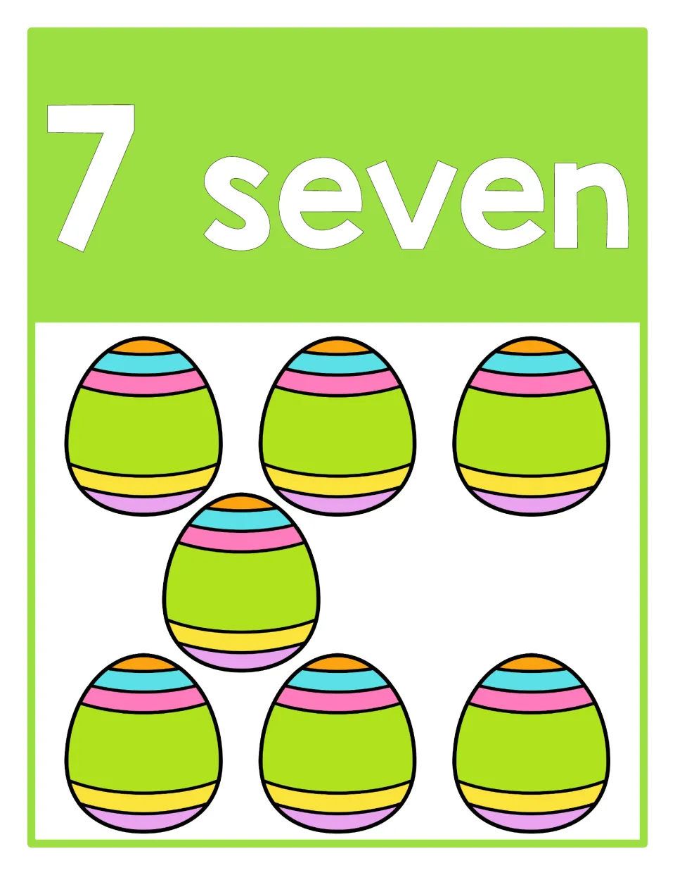 Counting poster 7 of 10: numeral 7, the word 'seven,' and seven Easter eggs representing the quantity seven.