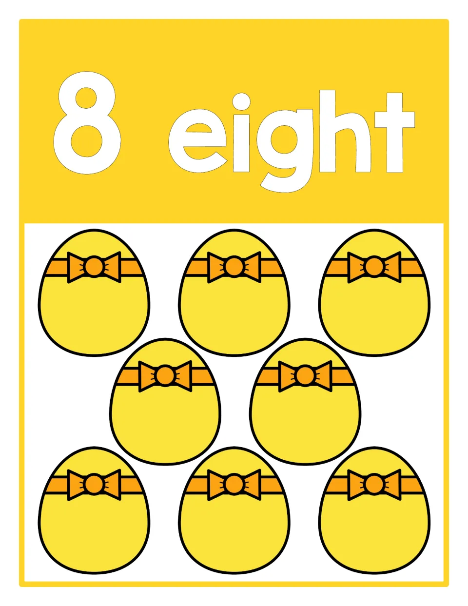 Counting poster 8 of 10: numeral 8, the word 'eight,' and eight Easter eggs representing the quantity eight.
