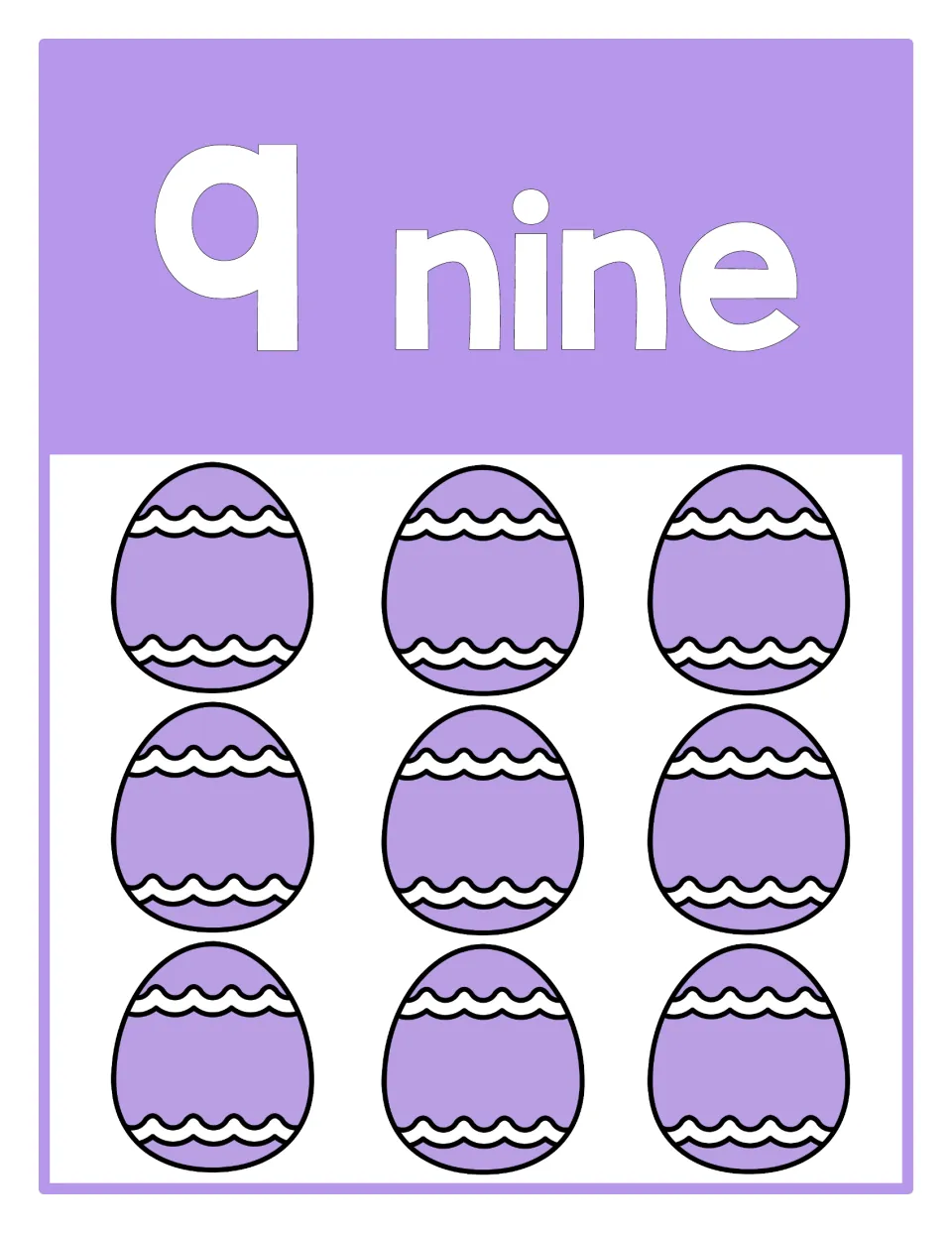 Counting poster 9 of 10: numeral 9, the word 'nine,' and nine Easter eggs representing the quantity nine.