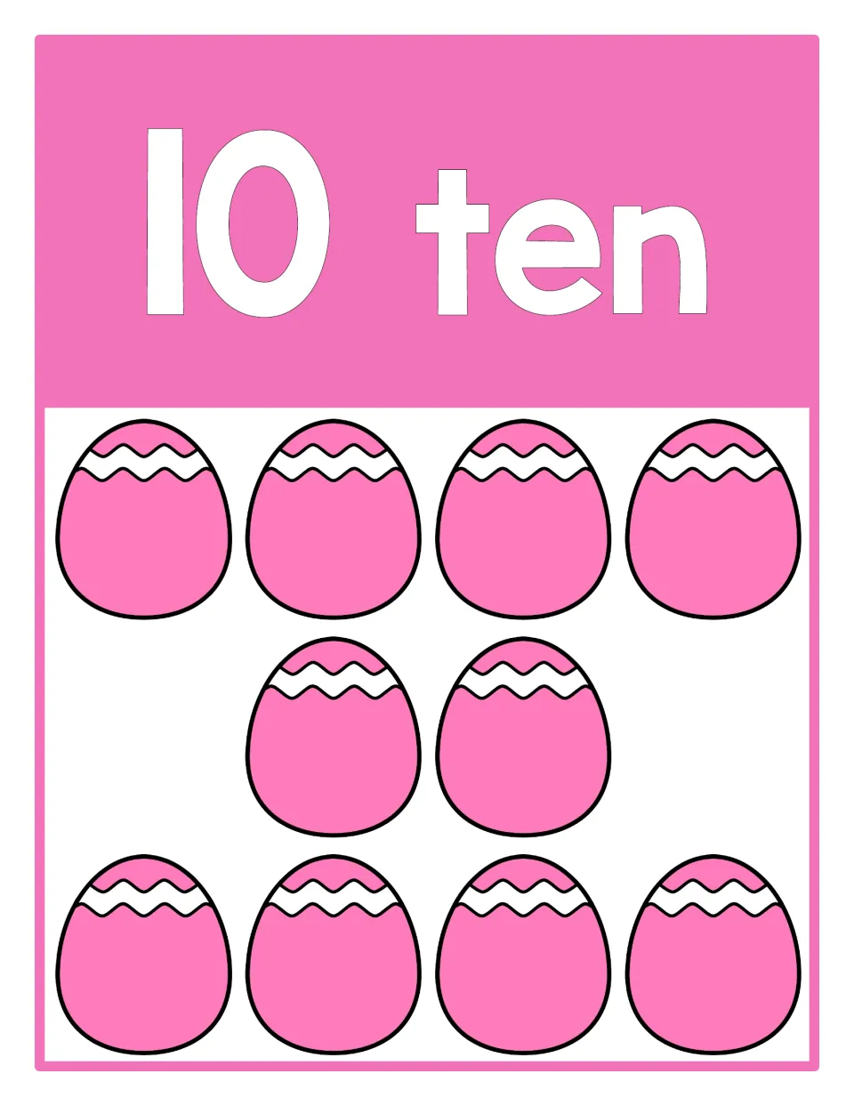 Counting poster 10 of 10: numeral 10, the word 'ten,' and ten Easter eggs representing the quantity ten.