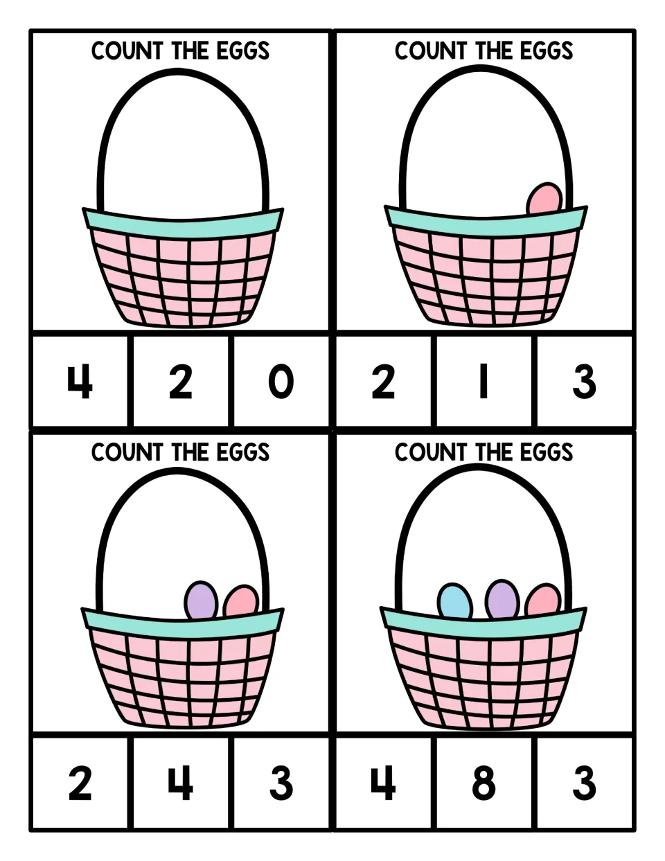 Easter counting clip cards for 0–3: four baskets with 0, 1, 2, or 3 eggs and three number choices each.