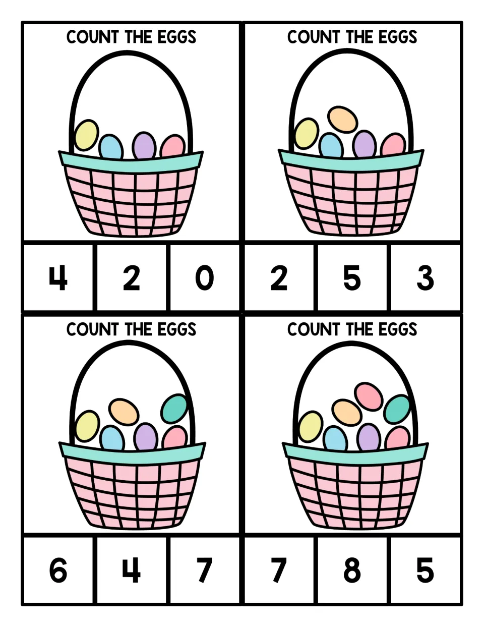 Easter counting clip cards for 4–7: four baskets with 4, 5, 6, or 7 eggs and three number choices each.