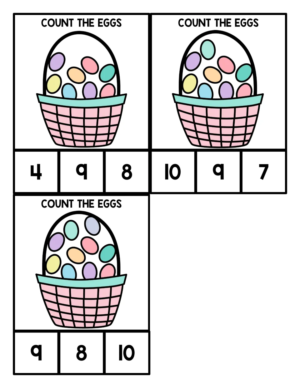 Easter counting clip cards for 8–10: three baskets with 8, 9, or 10 eggs and three number choices each.