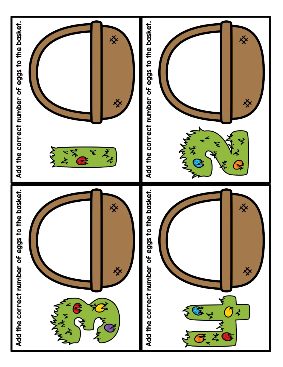 Easter counting task cards 1–4, each showing a numeral and a basket to fill with the matching number of eggs.