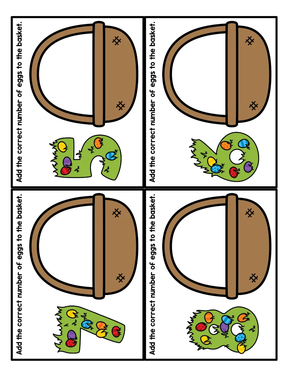 Easter counting task cards 5–8, each showing a numeral and a basket to fill with the matching number of eggs.