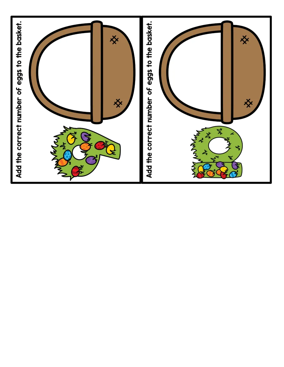 Easter counting task cards 9–10, each showing a numeral and a basket to fill with the matching number of eggs.