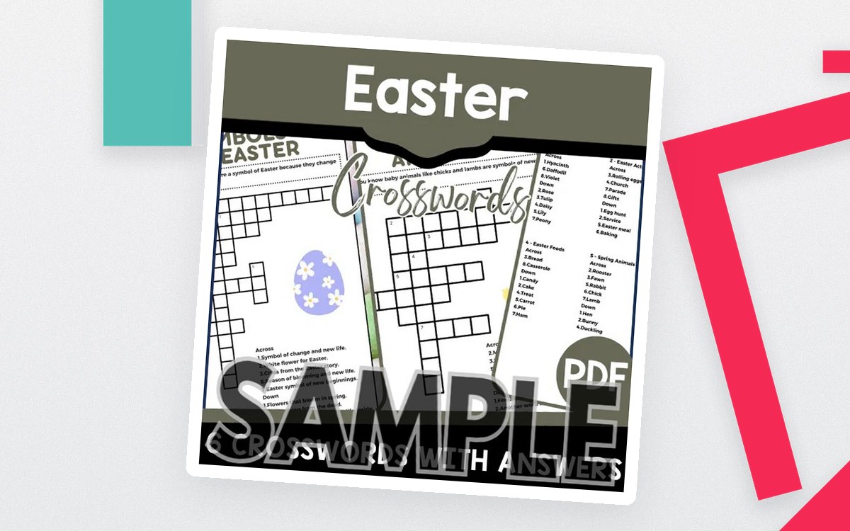 Easter Crossword sample cover with spring egg and flower graphics over crossword previews.