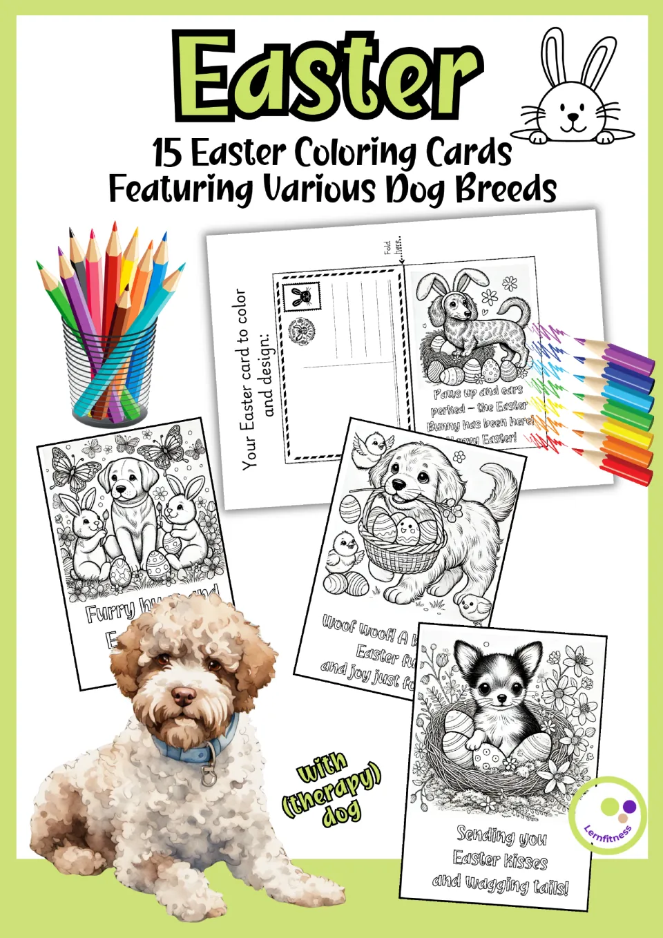 Easter cover: 15 Easter coloring cards featuring various dog breeds, shown as fold cards with greetings and a therapy dog