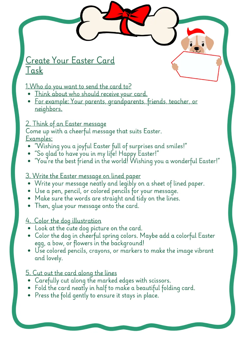 Create Your Easter Card Task in color: five steps to pick a recipient, write an Easter message, color the dog, cut and fold