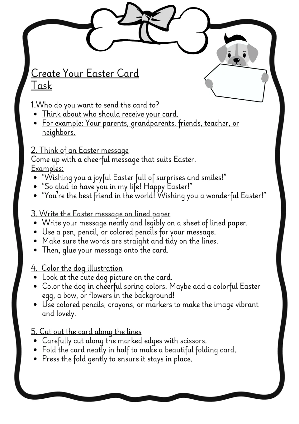 Create Your Easter Card Task in black and white: steps for writing a greeting on lined paper, coloring, cutting and folding