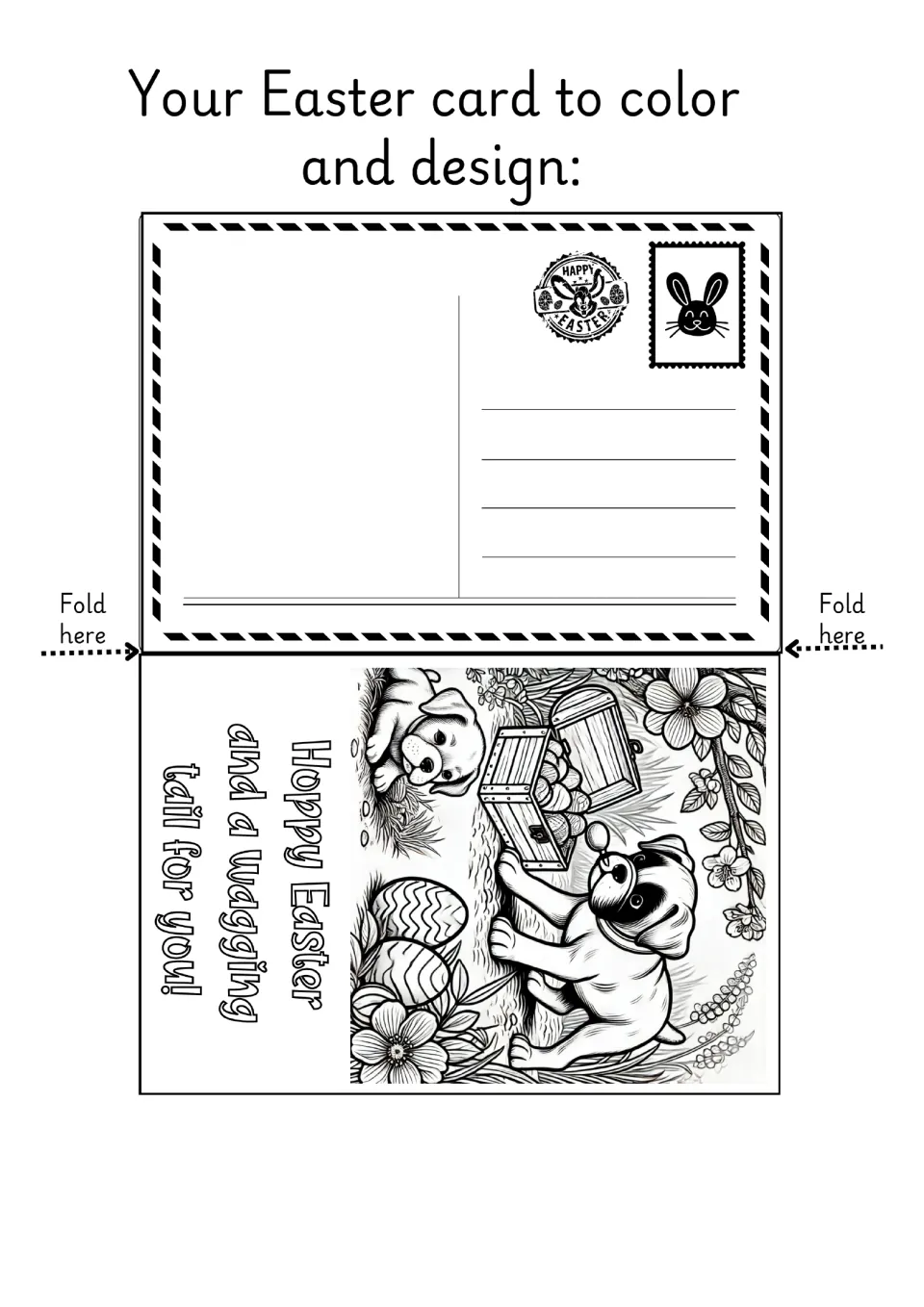 Easter fold card to color: two puppies with an egg-filled treasure chest and the greeting 'Hoppy Easter and a wagging tail'
