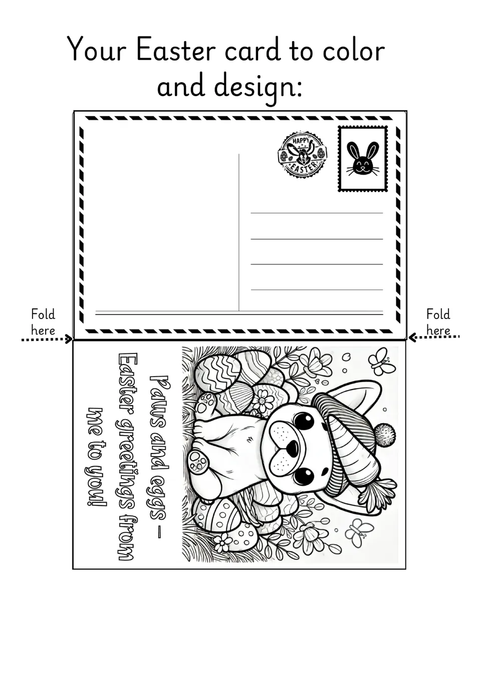 Easter fold card to color: a bulldog pup among eggs, greeting 'Paws and eggs – Easter greetings from me to you!'