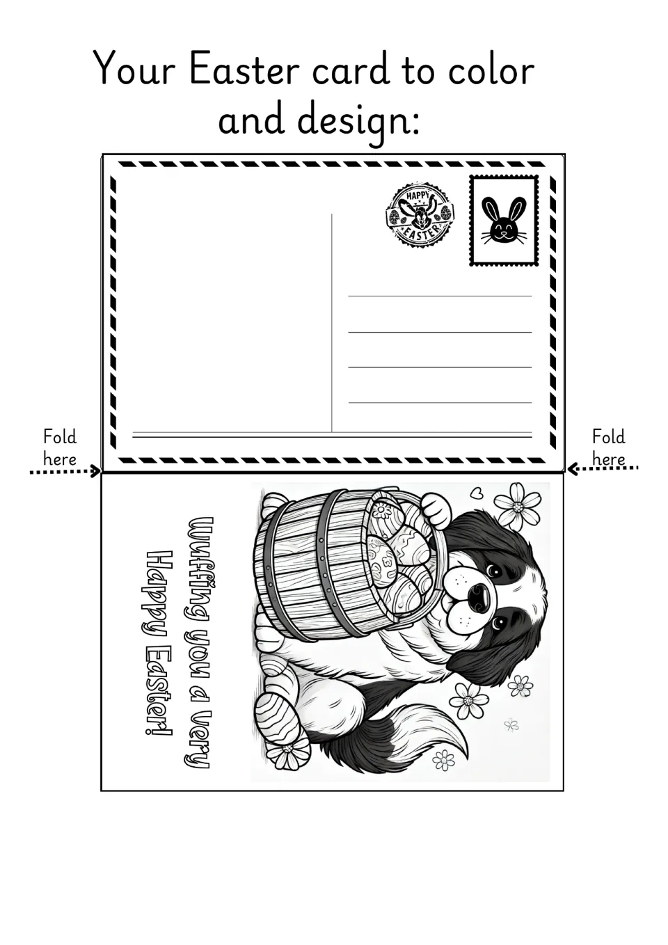Easter fold card to color: a long-haired dog hugging a barrel of eggs, greeting 'Wuffing you a very Happy Easter!'