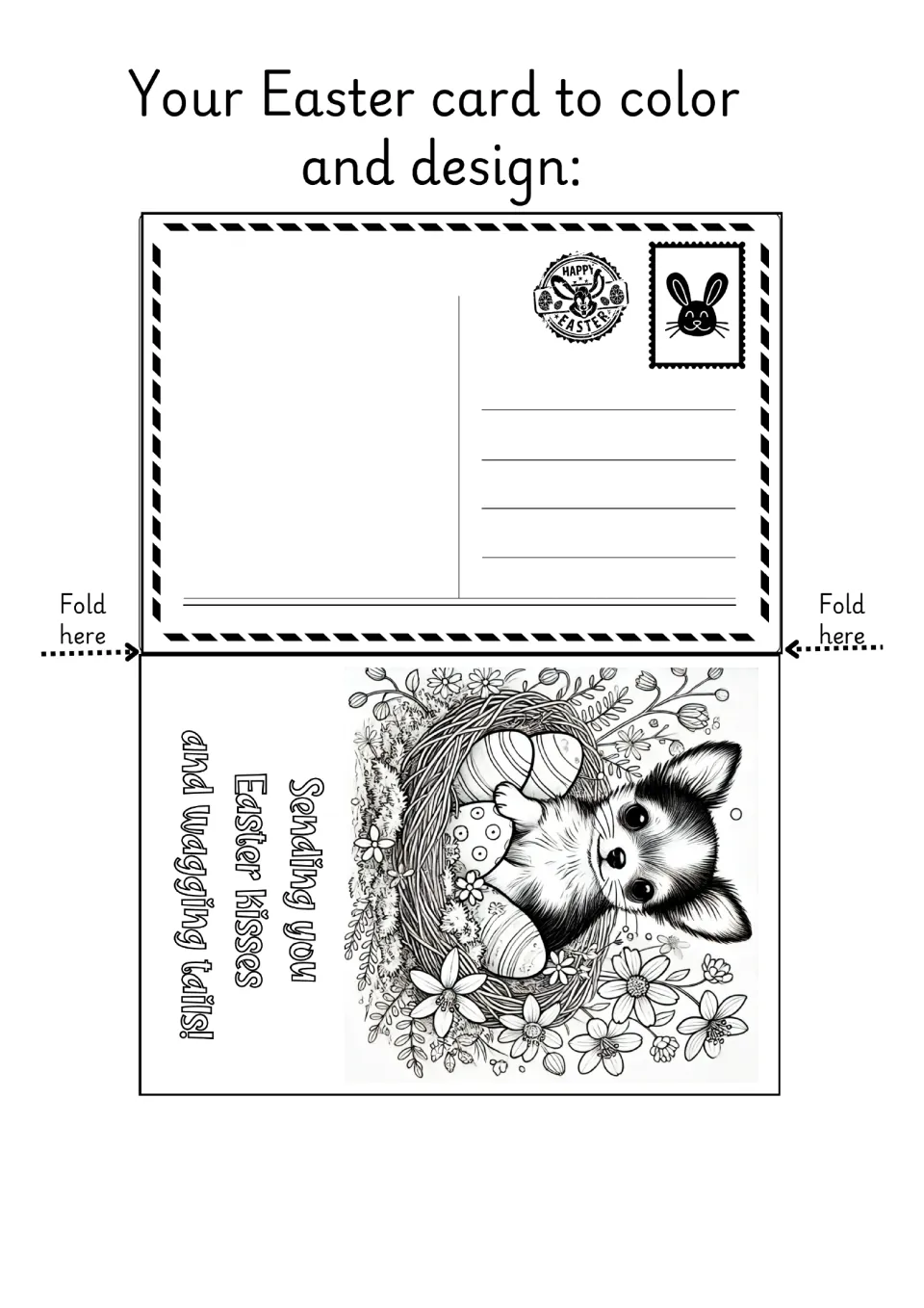 Easter fold card to color: a puppy in a nest of eggs, greeting 'Sending you Easter kisses and wagging tails!'