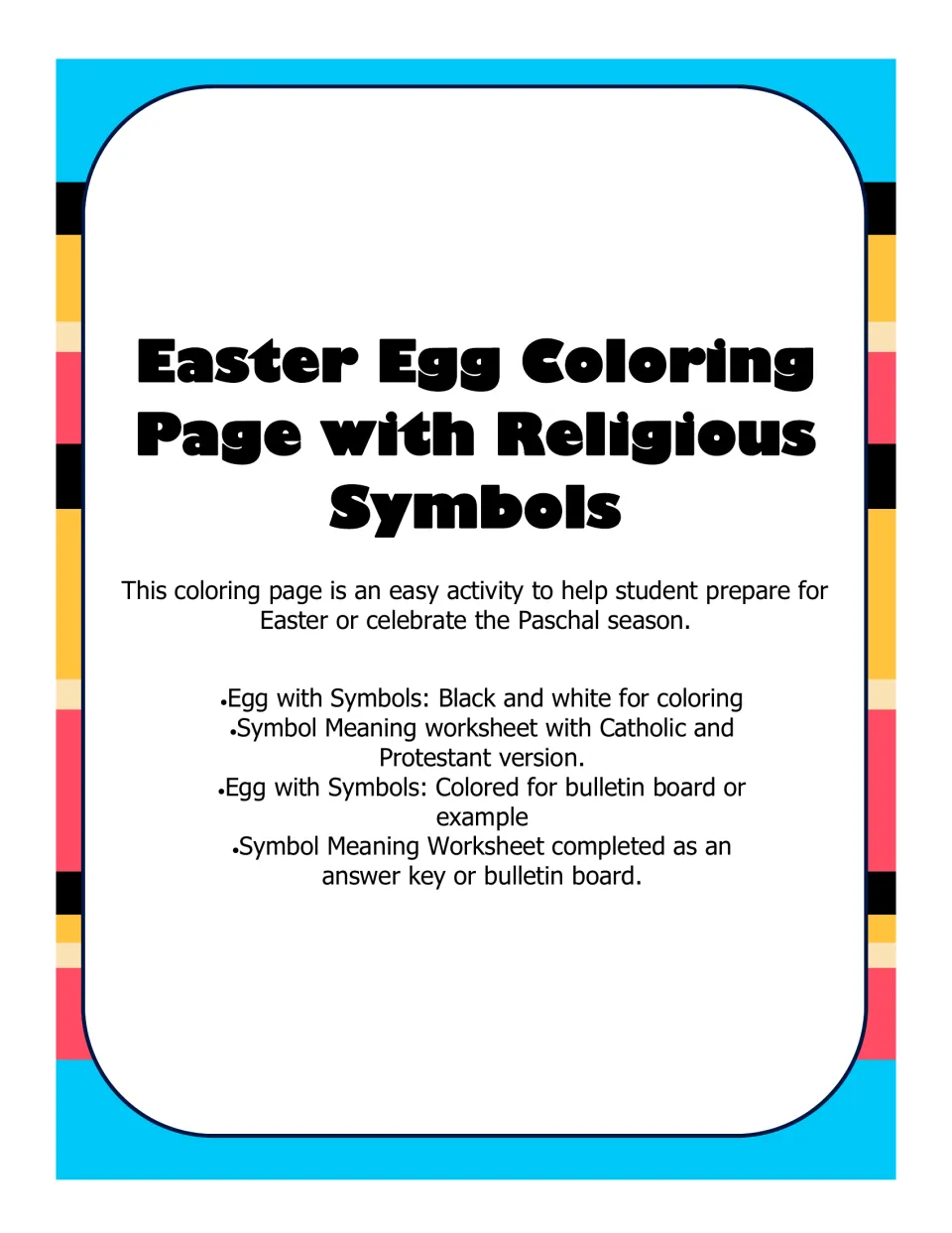 Title page listing contents: black-and-white egg, colored egg, symbol meaning worksheet in Catholic and Protestant versions