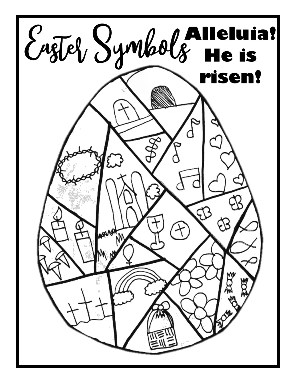 Easter symbols egg to color: students color candles, nails, palm branch, fish, hearts, butterflies, basket and candy