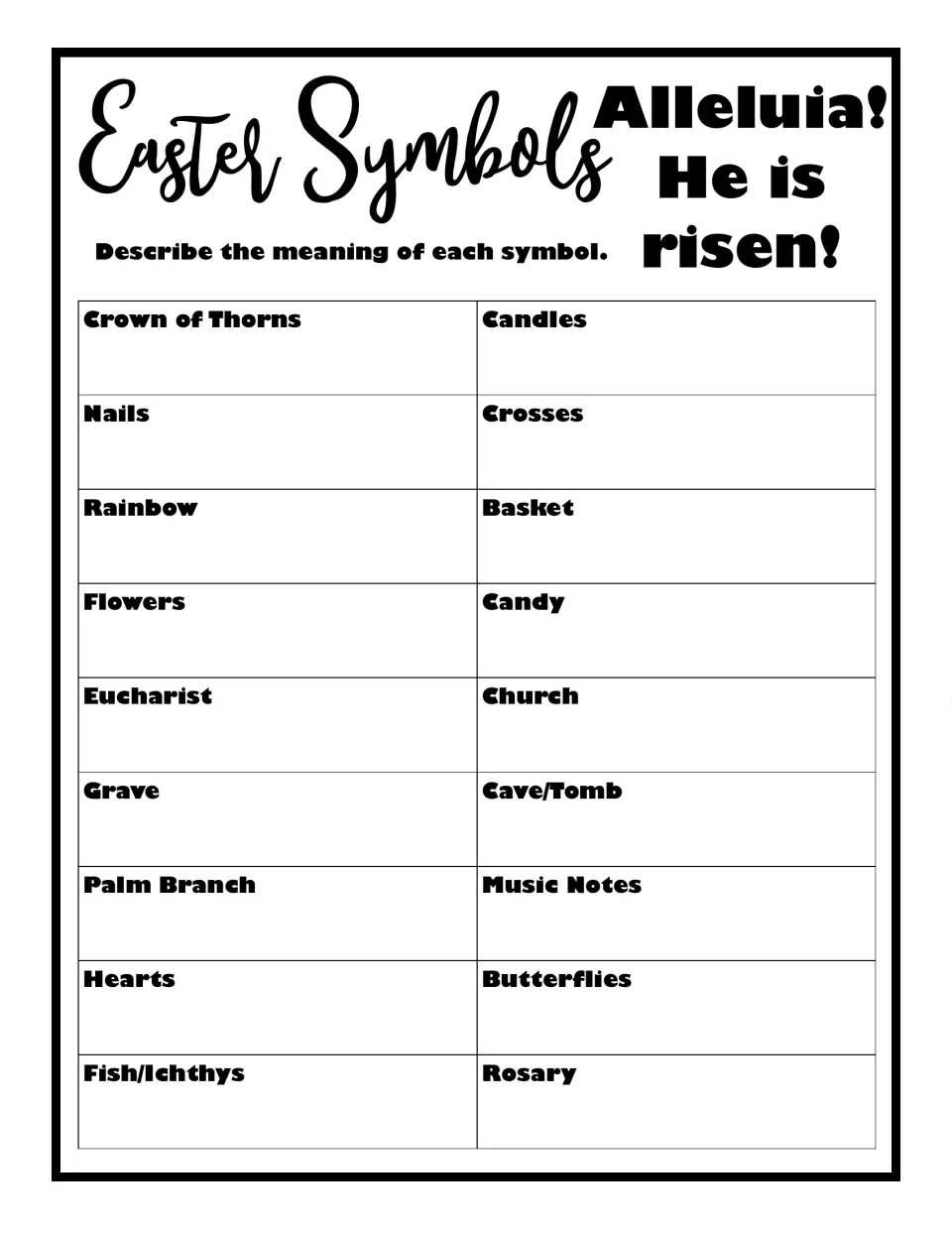 Easter symbols, Catholic version: students describe the meaning of 18 symbols, from Crown of Thorns and Eucharist to Rosary