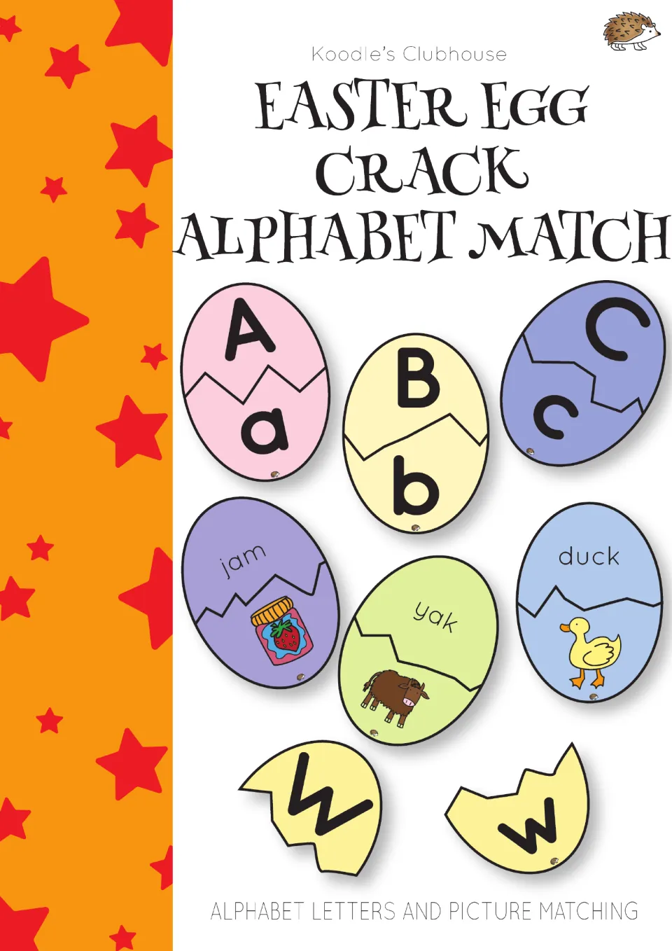 Cover for the egg matching activity, showing uppercase/lowercase pairs and word/picture pairs