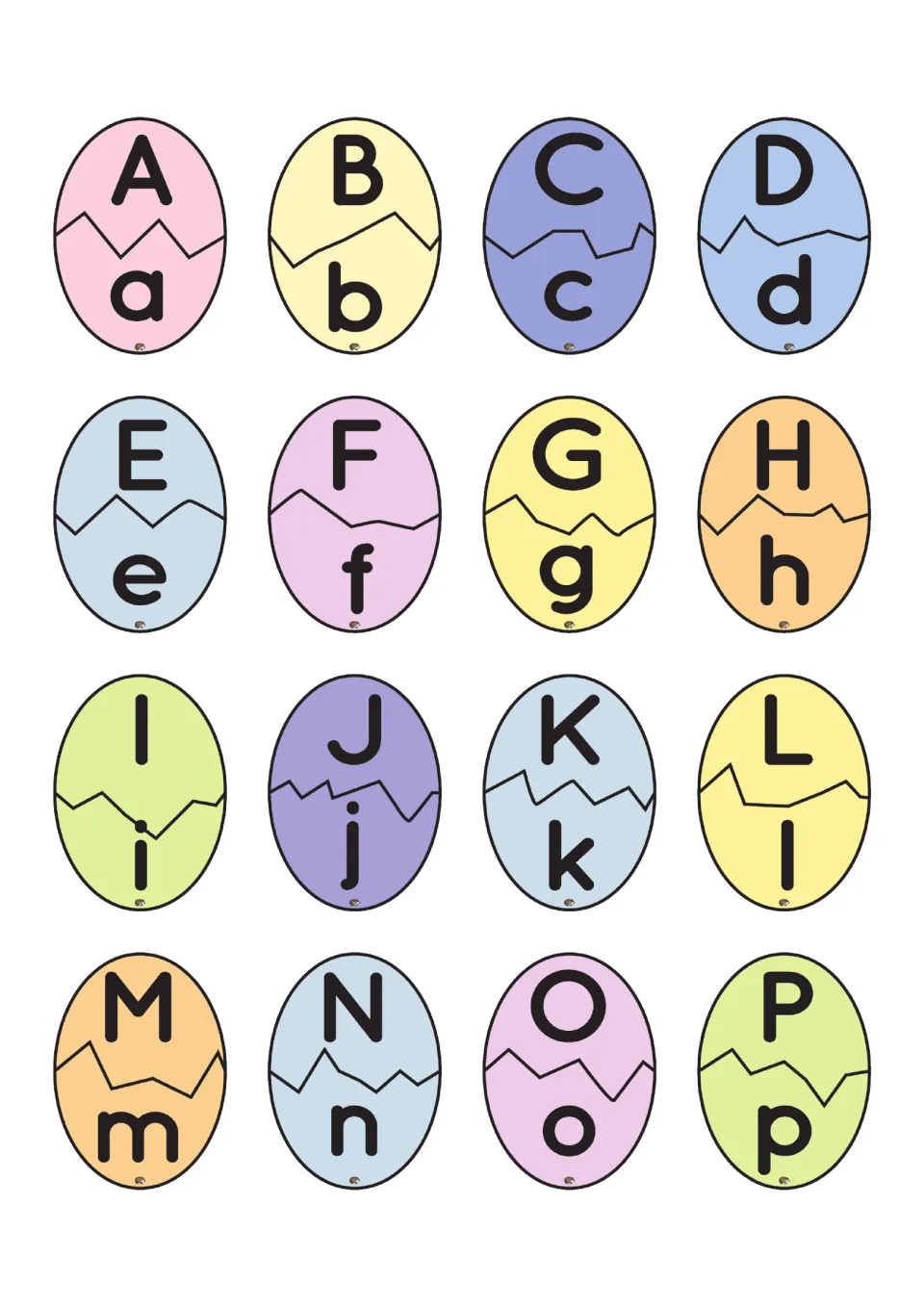 Alphabet matching eggs A–P: 16 eggs pairing uppercase and lowercase letters to cut into matching halves