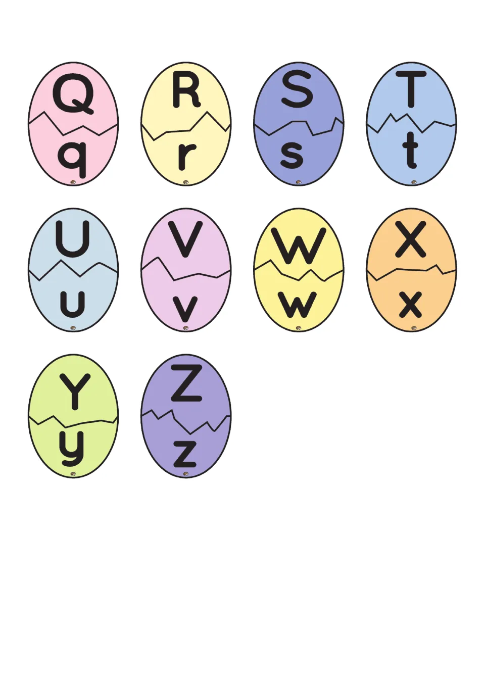 Alphabet matching eggs Q–Z: 10 eggs pairing uppercase and lowercase letters to cut into matching halves