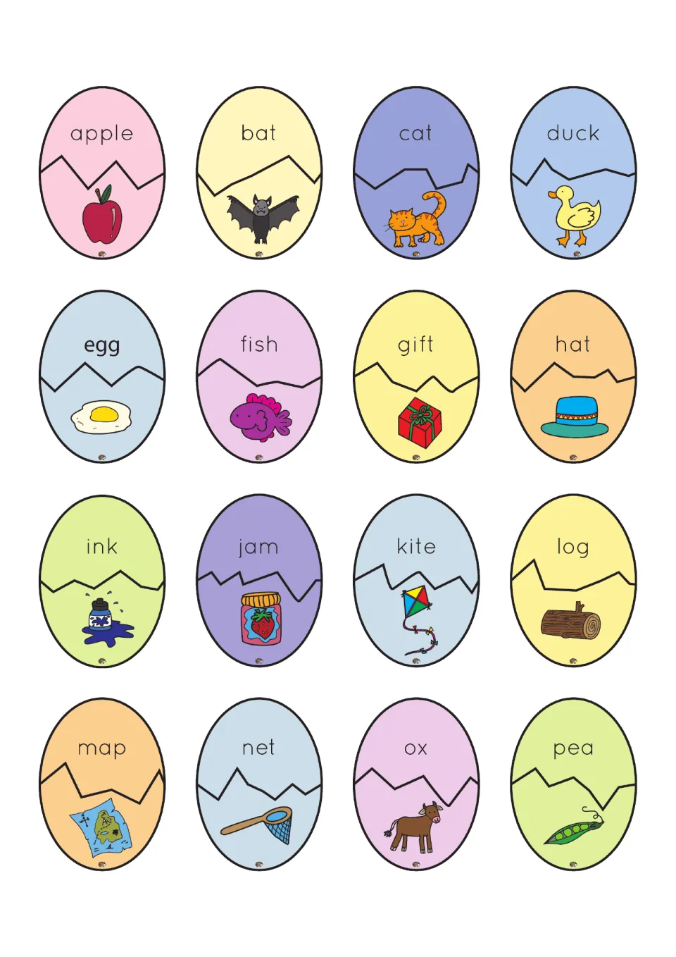 Word and picture matching eggs 1–16: apple, bat, cat, duck, and 12 more words paired with illustrations