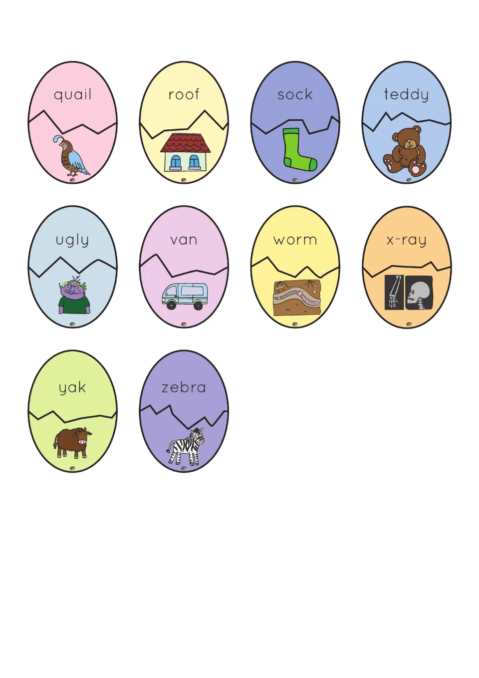 Word and picture matching eggs 17–26: quail, roof, sock, teddy, and six more words paired with illustrations