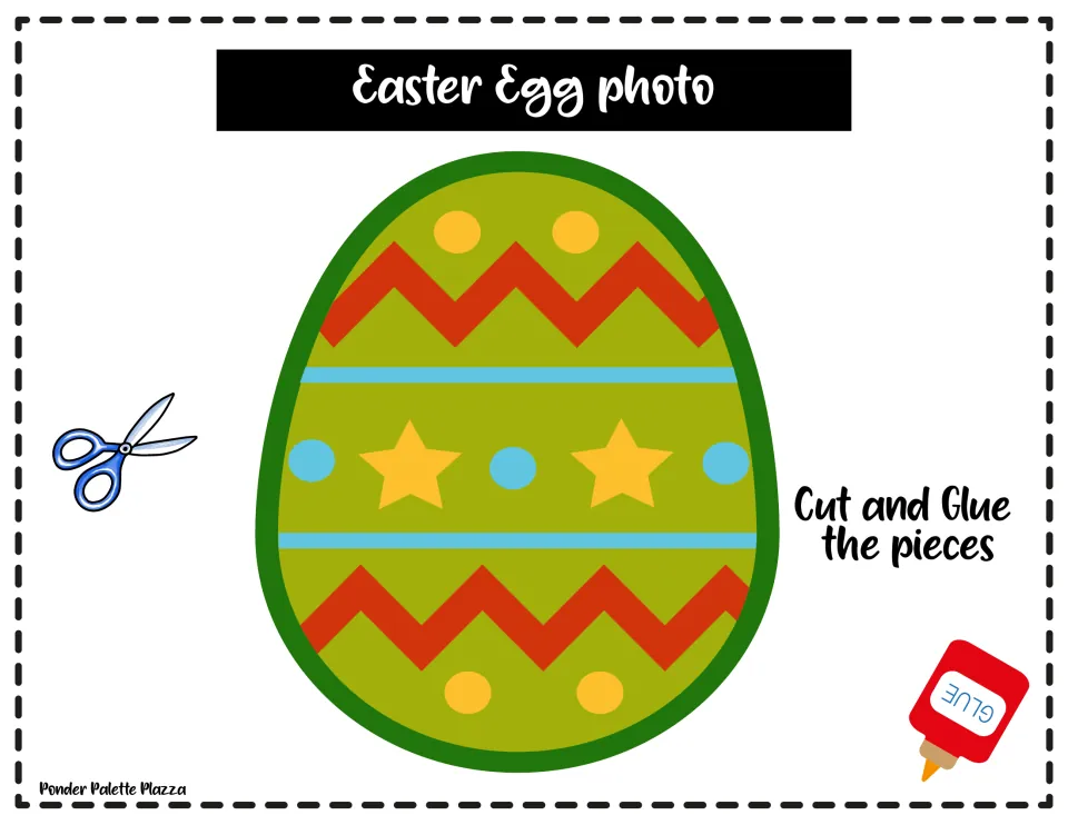 Easter egg model: finished green egg with red zigzags, blue stripes, yellow stars and dots; students cut and glue pieces