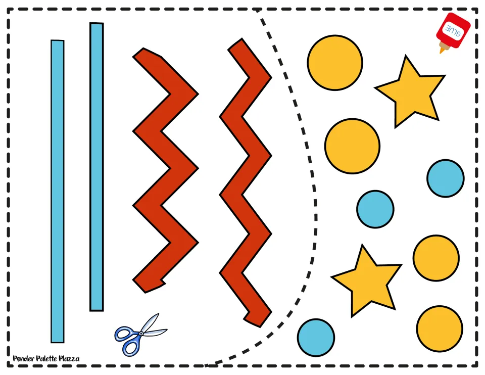 Egg decoration cut-outs: 2 blue strips, 2 red zigzags, 2 yellow stars and yellow and blue circles to glue onto the egg