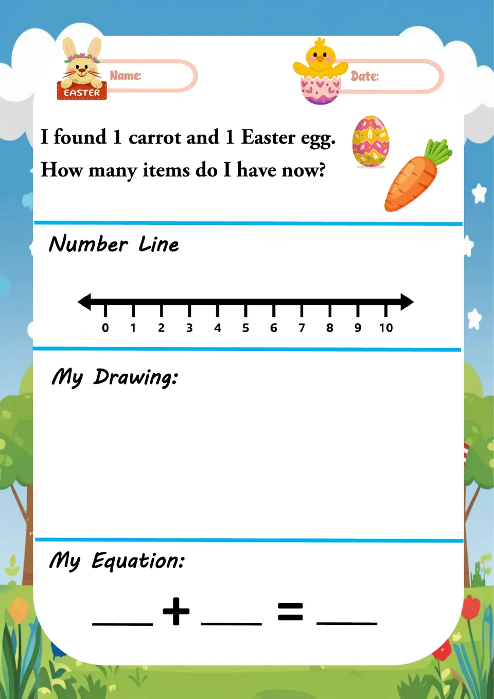 Easter addition word problem: 1 carrot and 1 Easter egg; students solve on a 0-10 number line, draw it and fill in the equation