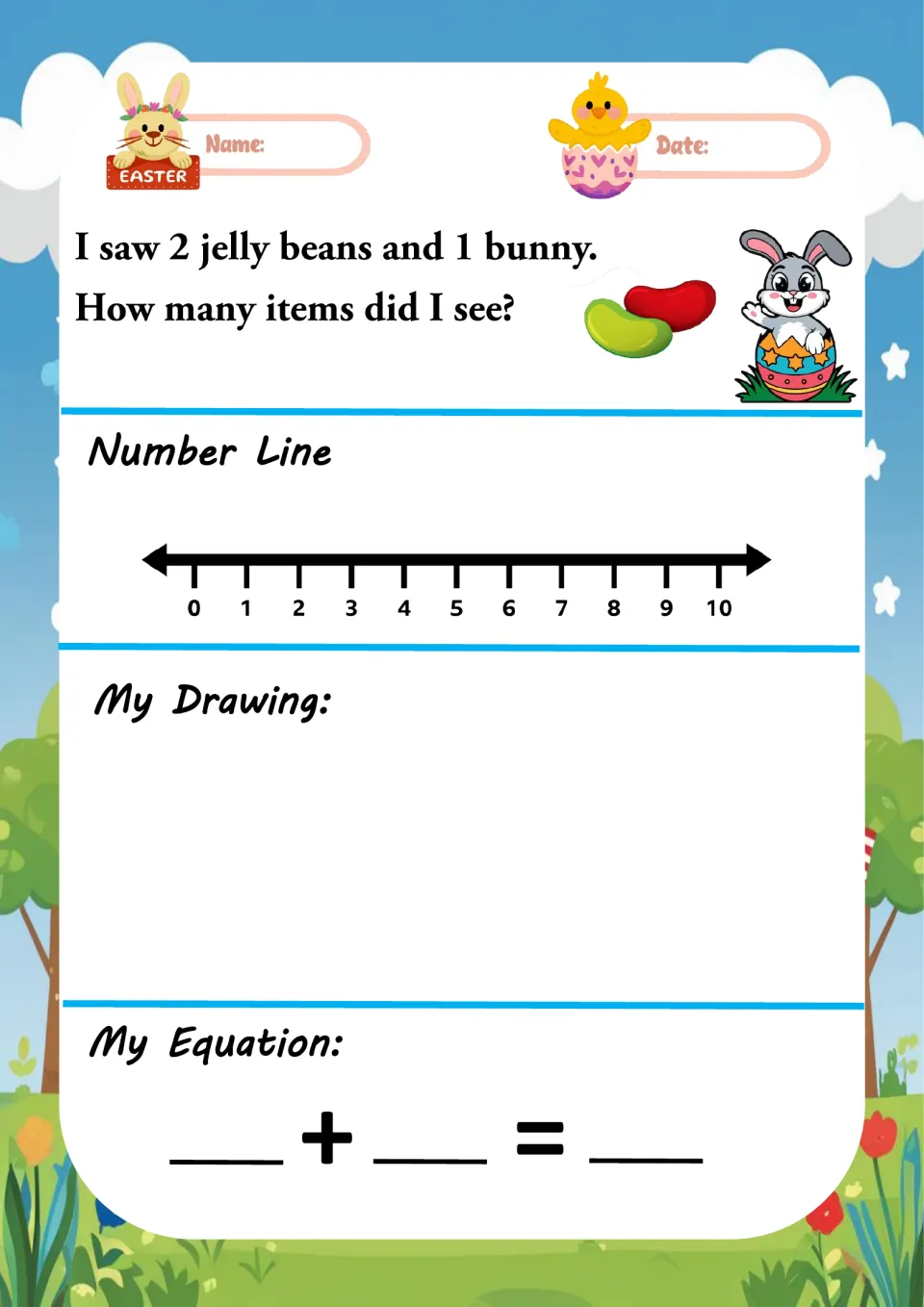 Jelly bean and bunny story problem: students add 2 jelly beans and 1 bunny using a number line, a drawing and an equation
