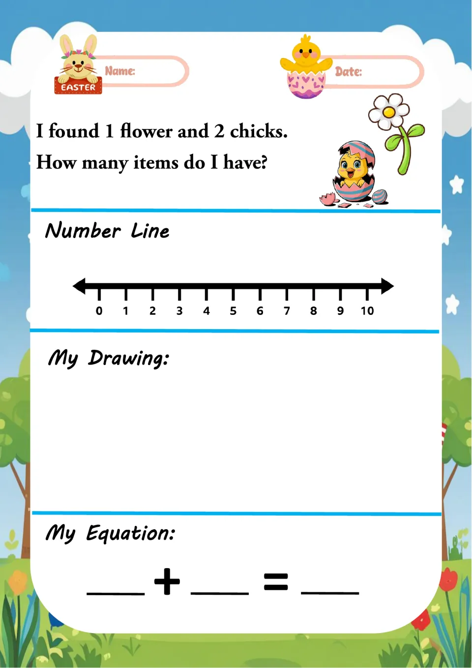 Spring addition problem: 1 flower and 2 chicks; students hop the 0-10 number line, sketch the items and fill in a sum