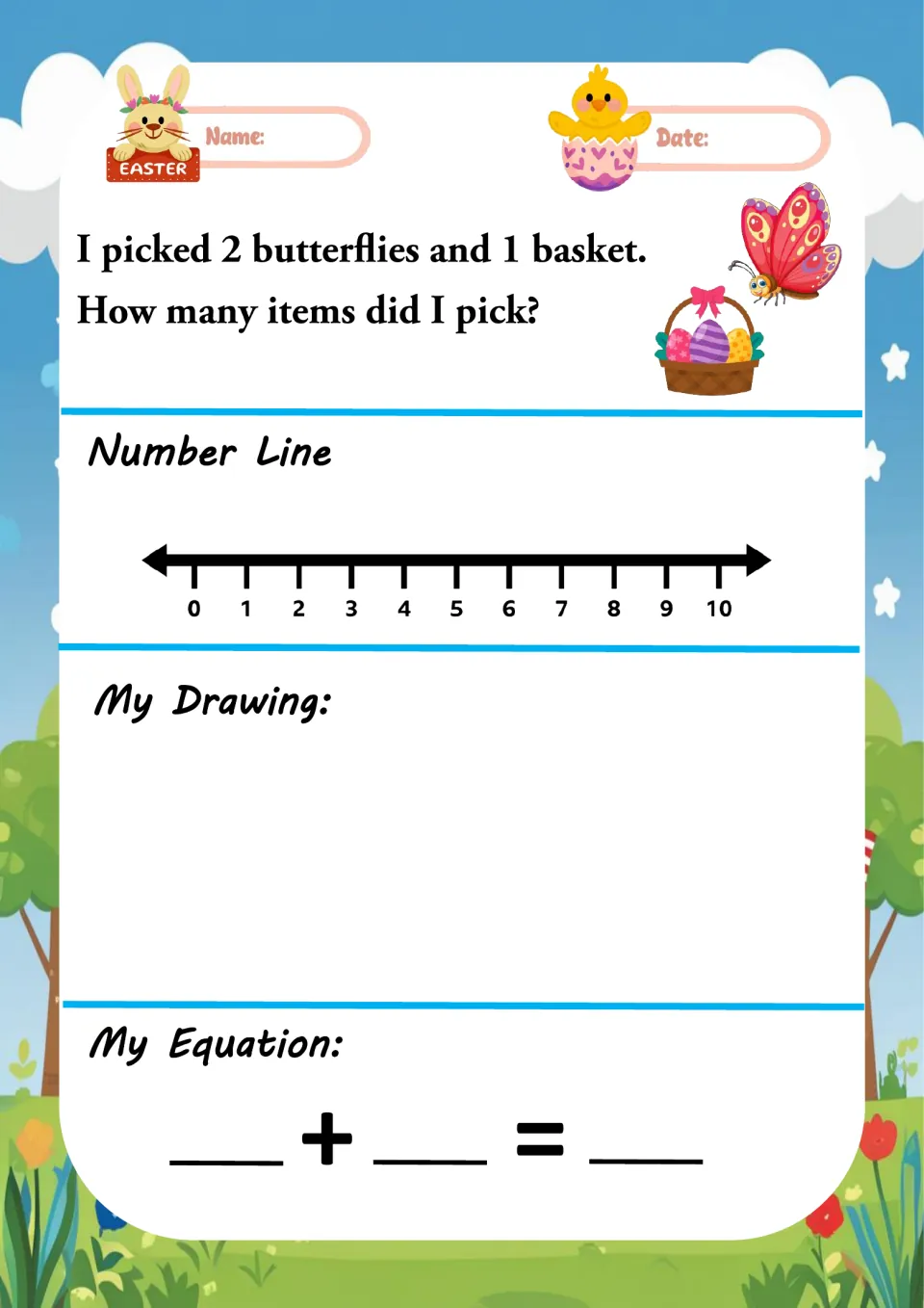 Picking problem: 2 butterflies and 1 basket; students add to find how many items were picked on a number line and drawing
