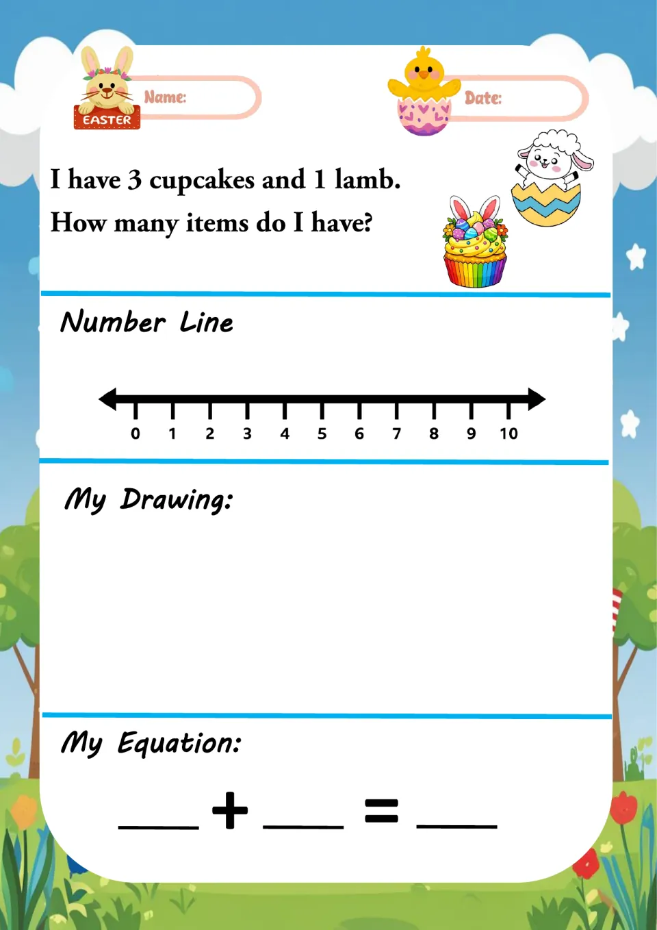 Cupcake and lamb word problem: students combine 3 cupcakes and 1 lamb, show jumps on a number line and write an equation